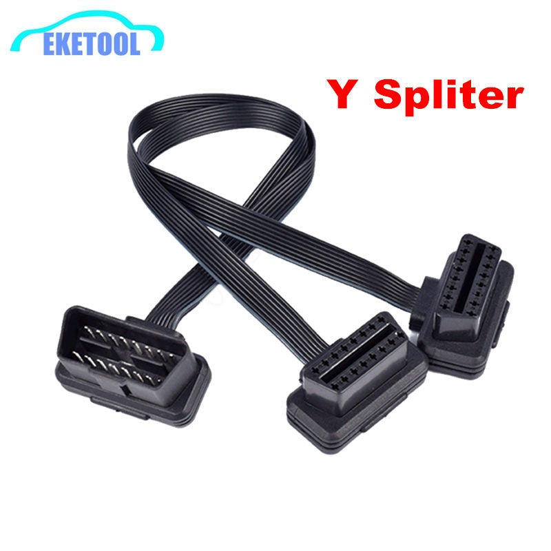 30CM OBDII Extension Dual Connector Y Splitter OBD OBD2 16PIN Male to Female Connection Flat+Thin as Noodle ELM327