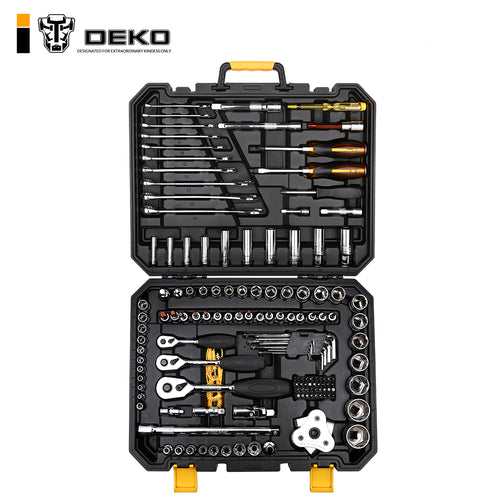 DEKO 140 Pcs Professional Car Repair Tool Set Auto Ratchet Spanner Screwdriver Socket Mechanics Tools Kit W/ Blow-Molding Box