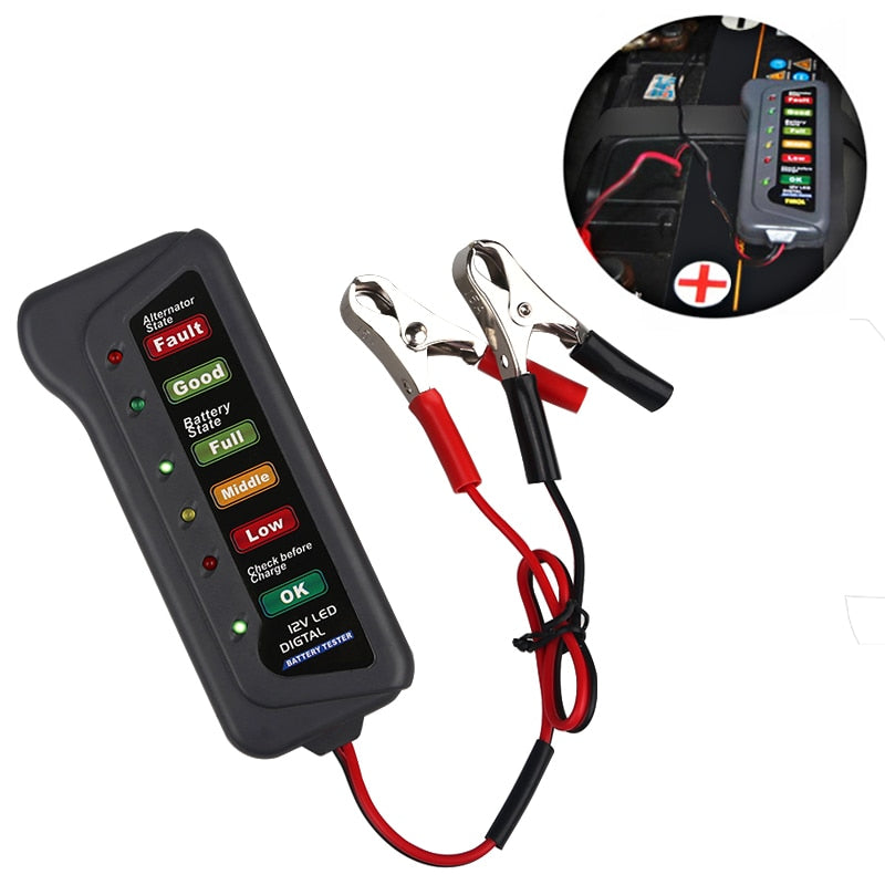 12/24V Automotive Battery Tester Alternator Battery Analyzer 6 LED Indicator Light Diagnostic Tool for Cars Motorcycles Trucks